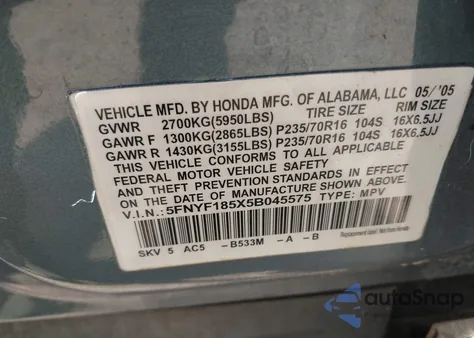 2005 Honda Pilot Ex-L from USA, damaged, VIN 5FNYF185X5B045575